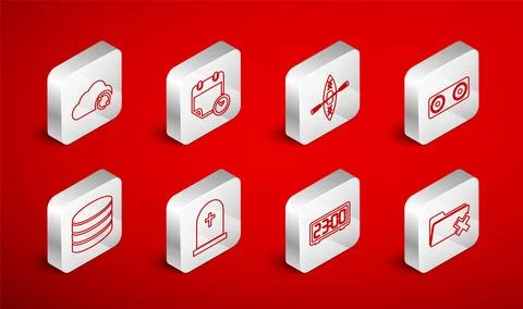 Set line Delete folder, Calendar and clock, Kayak paddle, Stereo speaker Stock Illustration