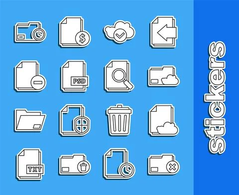 Set line Delete folder, Cloud storage text document, with check mark, PSD file Illustrazione stock