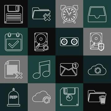 Set line Delete folder, Cloud sync refresh, Hard disk drive HDD protection, A Illustrazione stock