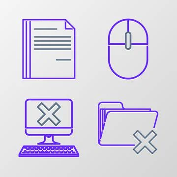 Set line Delete folder, Computer with keyboard and x mark, mouse and File Stock Illustration