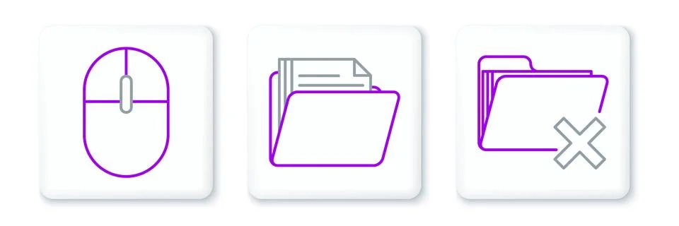 Set line Delete folder, Computer mouse and Document icon. Vector Stock Illustration