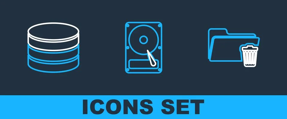 Set line Delete folder, Database and Hard disk drive HDD icon. Vector Stock Illustration