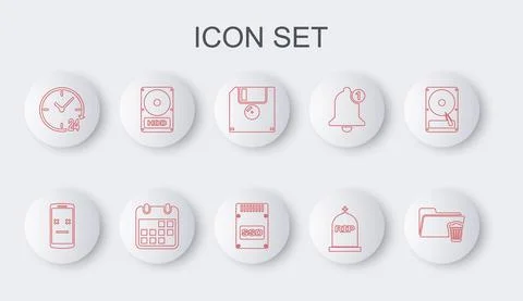 Set line Delete folder, Dead mobile, Floppy disk, Tombstone with RIP written Illustrazione stock