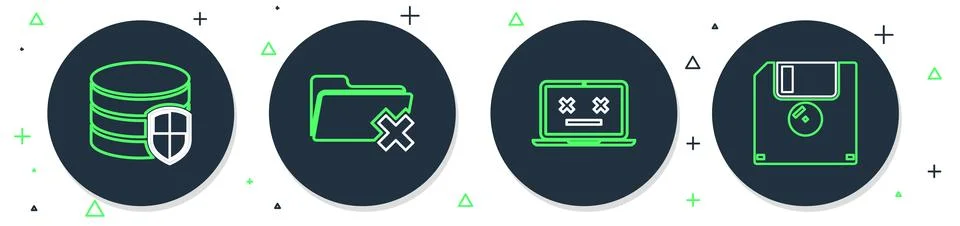 Set line Delete folder, Dead laptop, Database protection and Floppy disk ic.. Stock Illustration