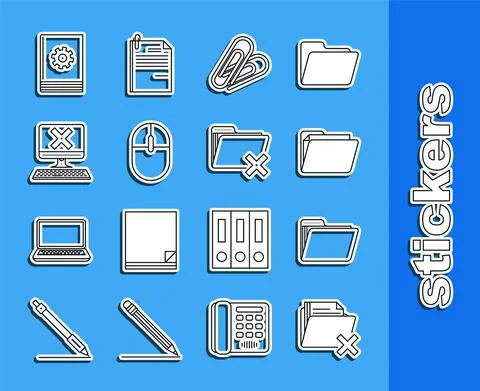 Set line Delete folder, Document, Paper clip, Computer mouse, with keyboard and Illustrazione stock
