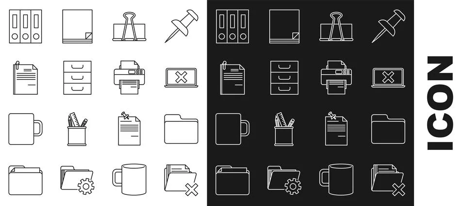 Set line Delete folder, Document, Laptop and cross mark on screen, Binder clip 스톡 일러스트