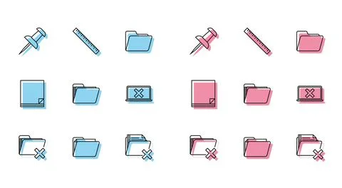 Set line Delete folder, Document, Push pin, Laptop and cross mark on screen,  库存插图