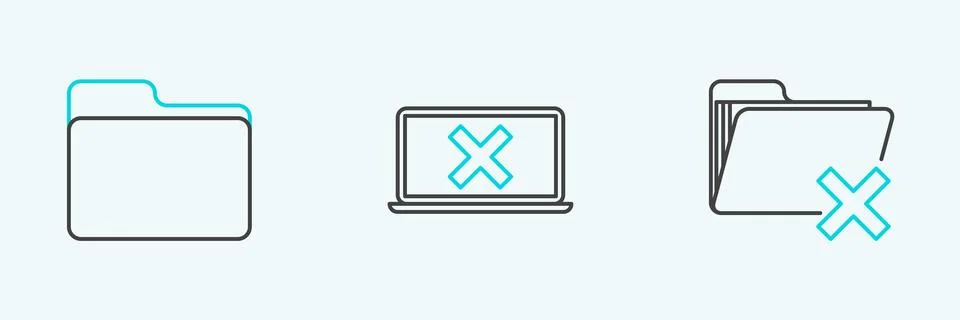Set line Delete folder, Document and Laptop and cross mark on screen icon Stock Illustration