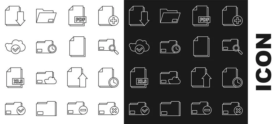 Set line Delete folder, Document with clock, Search concept, PDF file docum.. Illustrazione stock