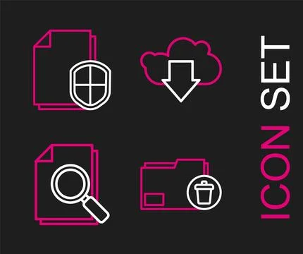Set line Delete folder, Document with search, Cloud download and protection.. Stock Illustration