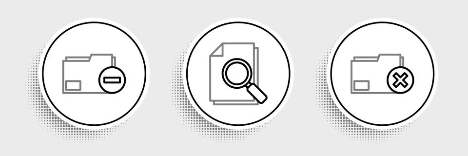 Set line Delete folder, Document with minus and search icon. Vector Stock Illustration