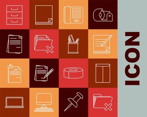 Set line Delete folder, Envelope, Blank notebook and pen, Telephone, File Illustrazione stock