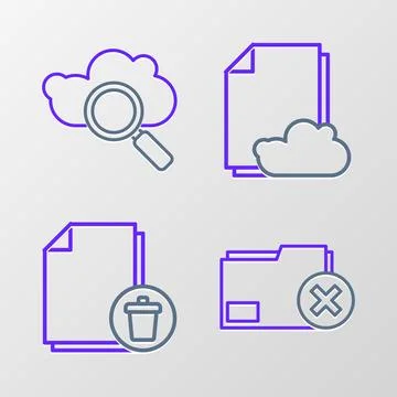 Set line Delete folder, file document, Cloud storage text and Search cloud .. Stock Illustration