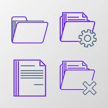 Set line Delete folder, File document, Folder settings with gears and Docum.. Illustrazione stock
