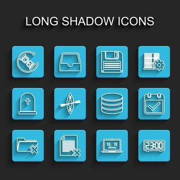 Set line Delete folder, file document, Waiting, Dead laptop, Digital alarm .. Stock Illustration