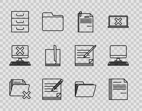 Set line Delete folder, File document, and paper clip, Blank notebook penci.. Stockillustratie