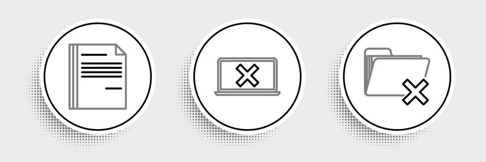 Set line Delete folder, File document and Laptop and cross mark on screen i.. Ilustração Stock