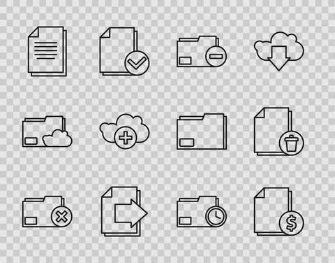 Set line Delete folder, Finance document, Document with minus, Next page arrow 스톡 일러스트
