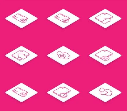 Set line Delete folder, Finance document, Upload file, Next page arrow, Add Stock Illustration