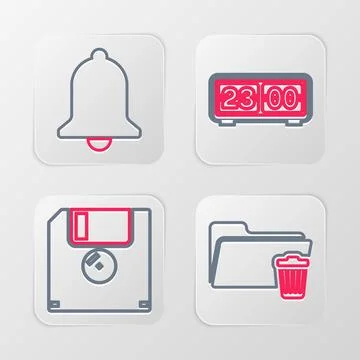Set line Delete folder, Floppy disk, Retro flip clock and Ringing bell icon.. Stock Illustration