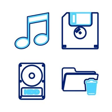 Set line Delete folder, Hard disk drive HDD, Floppy and Music note, tone ic.. Stock Illustration