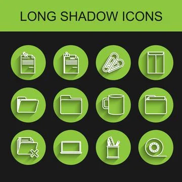 Set line Delete folder, Laptop, Note paper with pinned pushbutton, Pencil case Stock Illustration