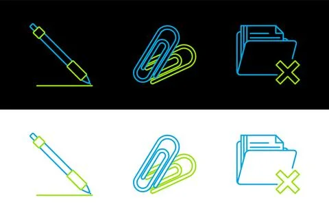 Set line Delete folder, Pen line and Paper clip icon. Vector Stock Illustration