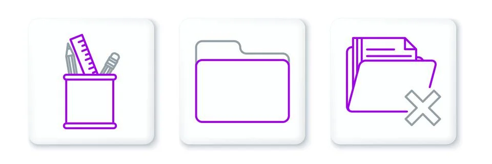 Set line Delete folder, Pencil case stationery and Document icon. Vector Stock Illustration