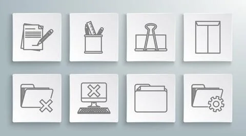 Set line Delete folder, Pencil case stationery, Computer with keyboard and .. Stock Illustration