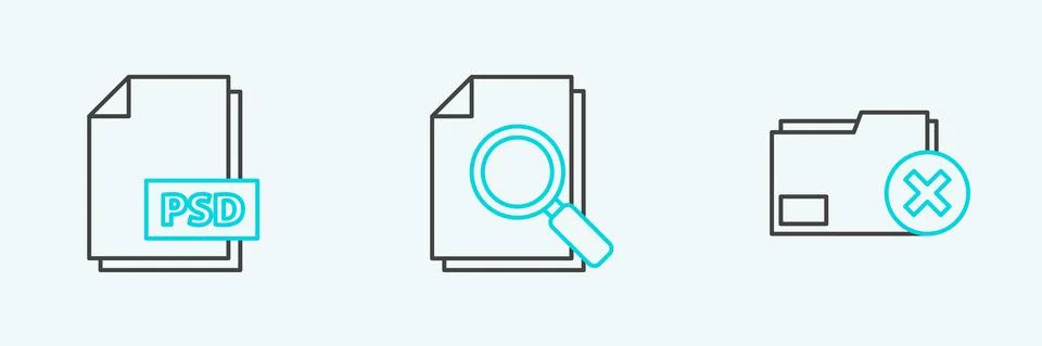 Set line Delete folder, PSD file document and Document with search icon. Vector イラスト素材