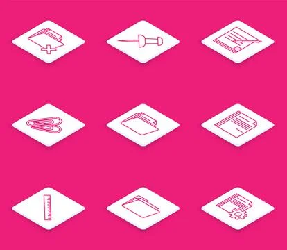 Set line Delete folder, Push pin, Blank notebook and pen, Paper clip, Documen Stock Illustration