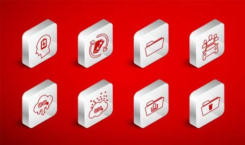 Set line Delete folder, Refund money, Folder, Car sharing, upload, Head with low Stock Illustration