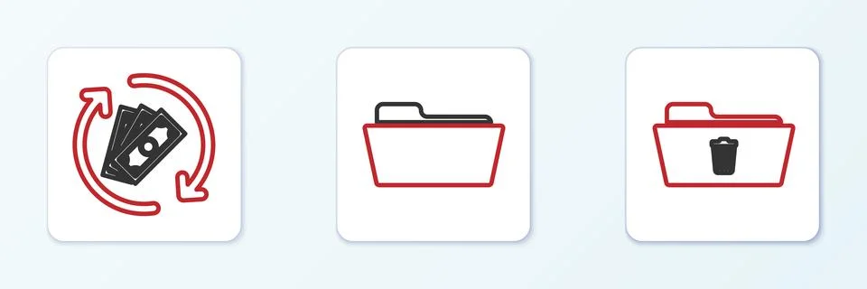 Set line Delete folder, Refund money and Folder icon. Vector Stock Illustration