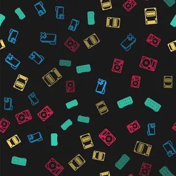 Set line Delete folder, Retro flip clock, SSD card and Hard disk drive HDD on Stock Illustration