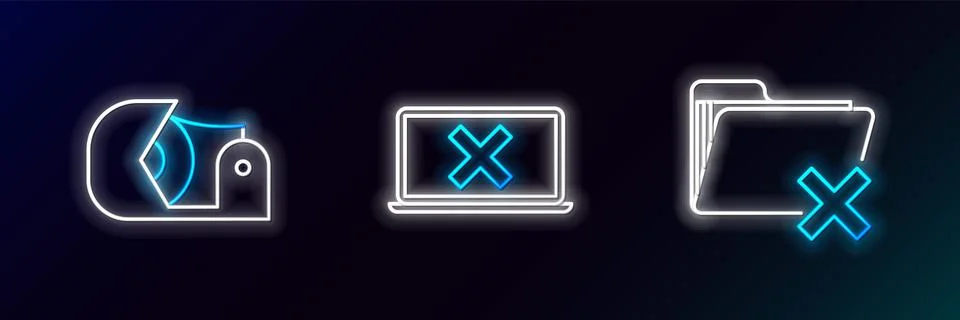 Set line Delete folder, Scotch and Laptop and cross mark on screen icon. Glow Stock Illustration