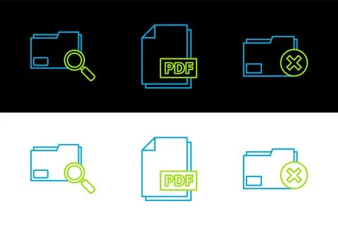 Set line Delete folder, Search concept with and PDF file document icon. Vecto Stock Illustration
