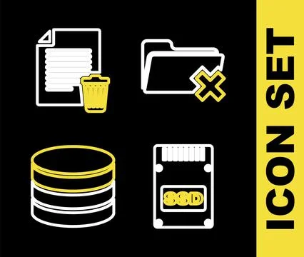 Set line Delete folder, SSD card, Database and file document icon. Vector 스톡 일러스트