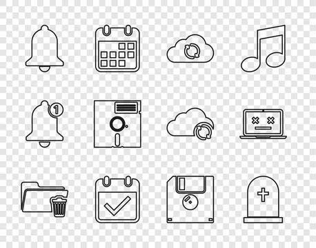Set line Delete folder, Tombstone with cross, Cloud sync refresh, Calendar .. Stock Illustration