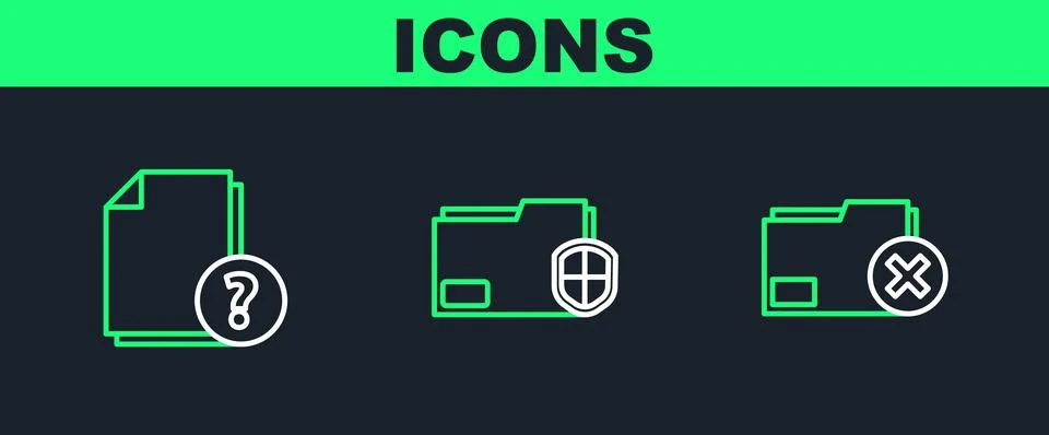 Set line Delete folder, Unknown document and Document protection icon. Vector Illustrazione stock