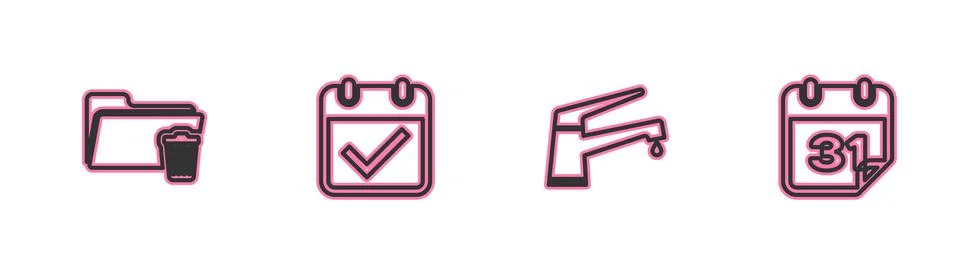 Set line Delete folder, Water tap, Calendar with check mark and  icon. Vector Stock Illustration