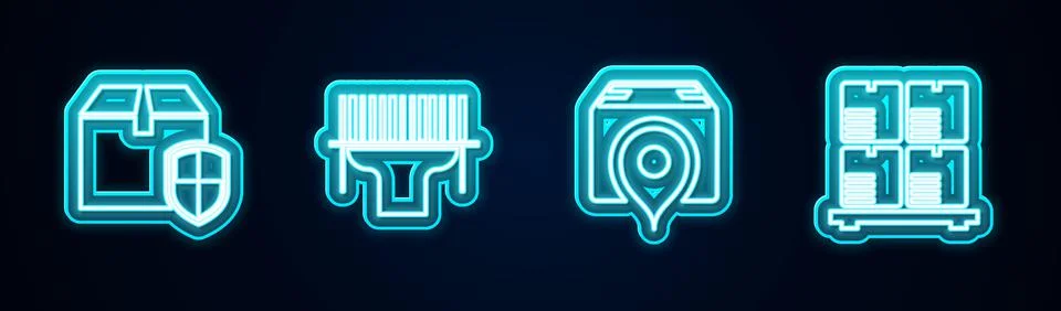 Set line Delivery box security shield, Scanner scanning bar code, Location with Illustrazione stock