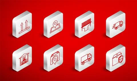 Set line Delivery box security shield, Placeholder on map, Scanner scanning bar Stock Illustration