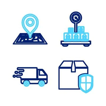 Set line Delivery box security shield, truck in movement, Scale with cardboard Stock Illustration