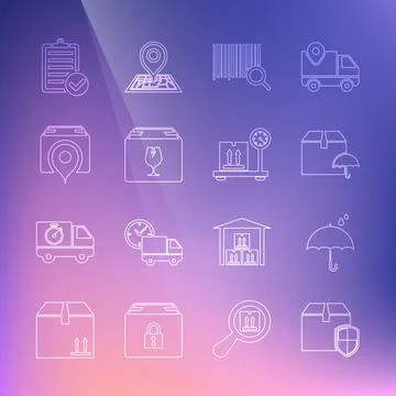 Set line Delivery box security shield, Umbrella and rain drops, package with Illustrazione stock