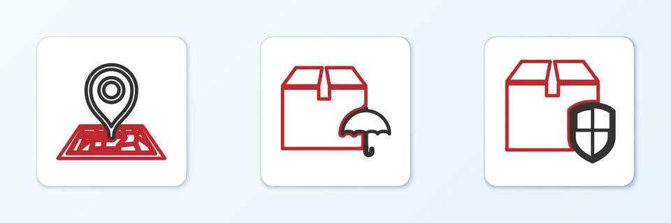 Set line Delivery box security shield, Placeholder on map and package with Stock Illustration