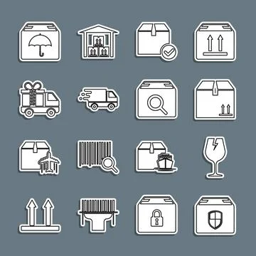 Set line Delivery box security shield, Fragile broken glass, Cardboard with Stock Illustration