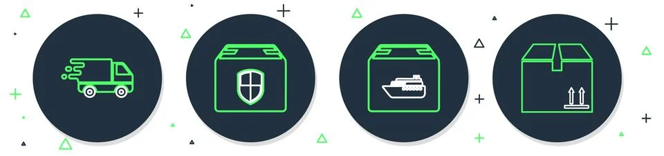 Set line Delivery box security shield, Cargo ship with boxes, truck in move.. イラスト素材