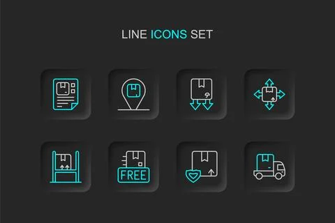 Set line Delivery cargo truck, security with shield, Cardboard box free sym.. Illustrazione stock