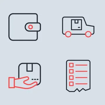 Set line Delivery cargo truck, hand with box, Shopping list and Wallet icon.. イラスト素材