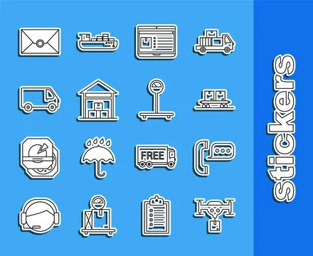 Set line Delivery drone with the package, Telephone speech bubble chat, Railway Stock Illustration